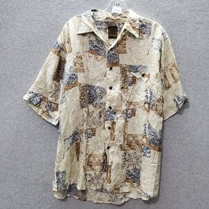 Bruno Men Button Up Shirt Large Beige 100% Silk Hawaiian Short Sleeve